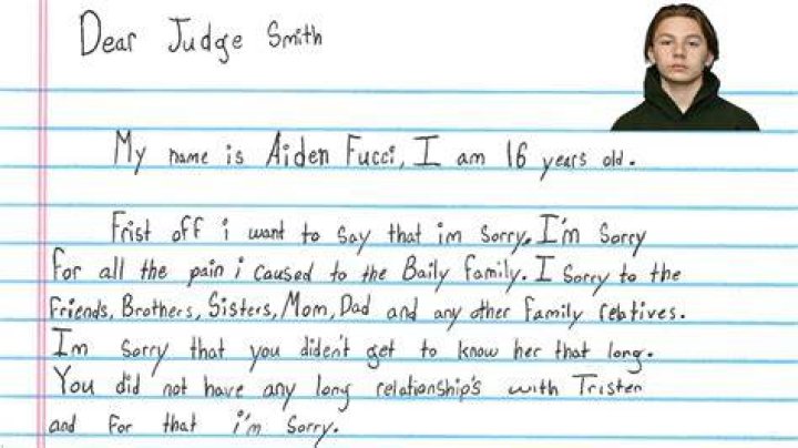 Aiden Fucci pens letter of remorse for killing Tristyn Bailey but