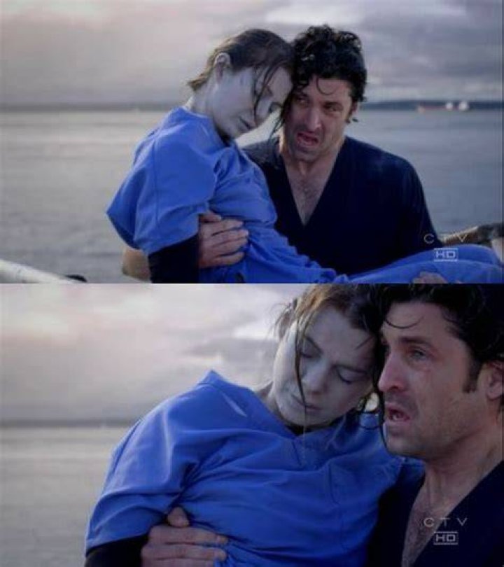 Derek pulls Meredith out of the water. You can see the love he feels