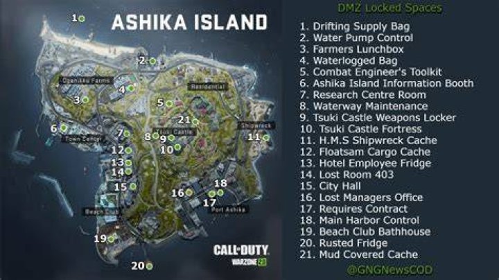 DMZ ASHIKA ISLAND ALL LOCKED SPACES AND CACHES LOCATION MAP