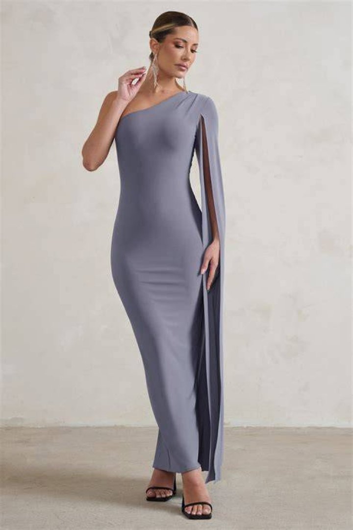 Dominique Grey One Shoulder Cape Sleeve Bodycon Maxi Dress Club L