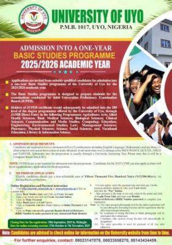 UNIUYO BASIC STUDIES/PREDEGREE RELEASE OF RESULT